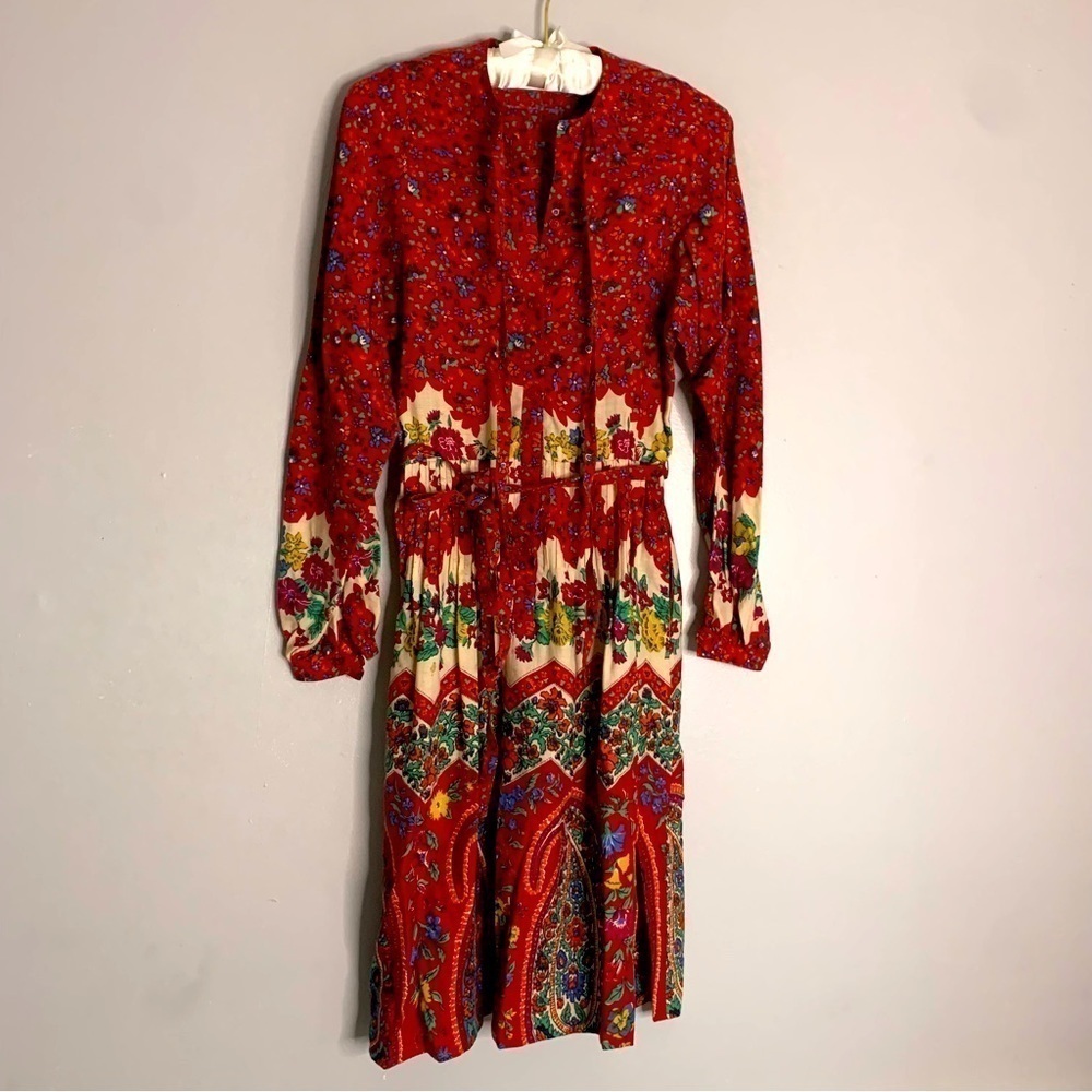 Albert Nipon Long Sleeve red floral button front a line dress small Vintage